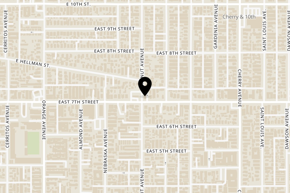 Map showing the location of Teriyaki J's Teriyaki Js Long Beach on 1601 E 7th St in Long Beach