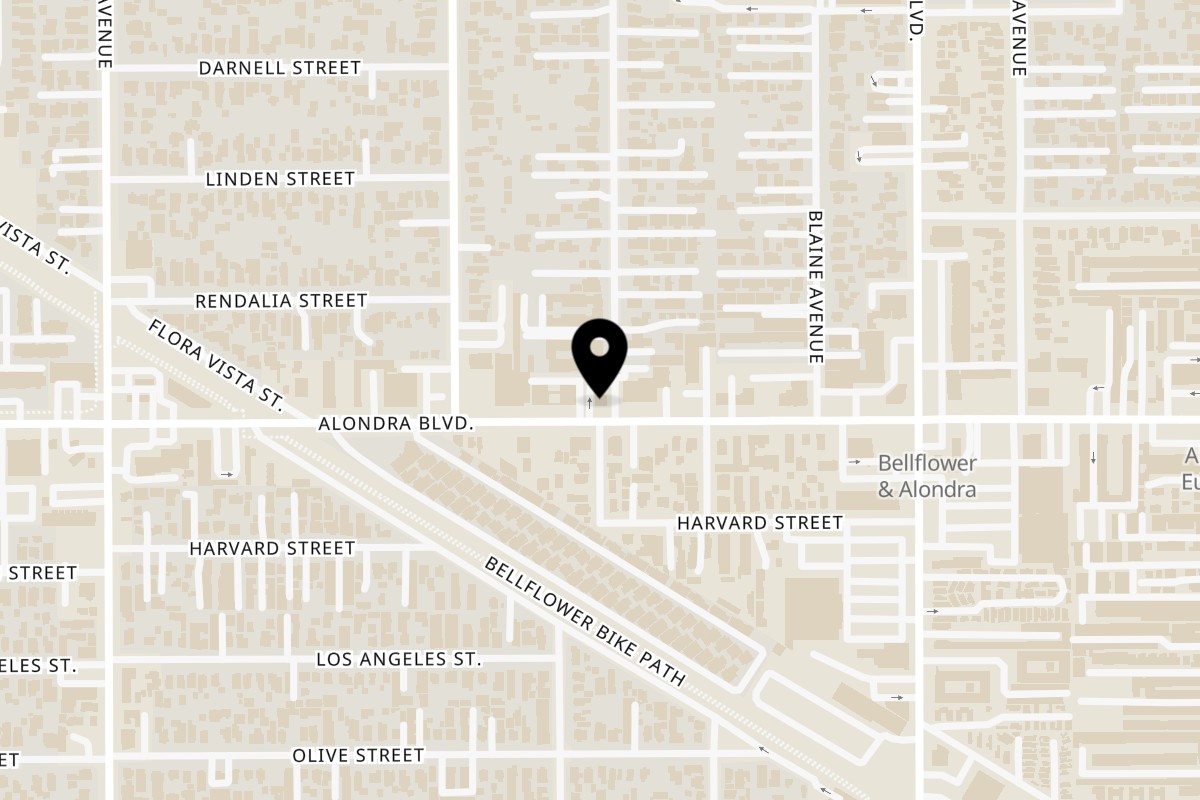 Map showing the location of Teriyaki J's Teriyaki J's Bellflower on 9645 Alondra Blvd in Bellflower