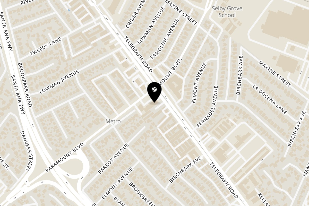 Map showing the location of Teriyaki J's Teriyaki J’s on 8504 Paramount Blvd in Downey
